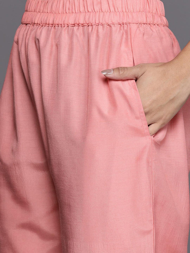 Peach Embroidered Silk Blend Straight Suit Set