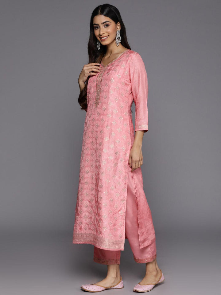 Peach Embroidered Silk Blend Suit Set With Trousers