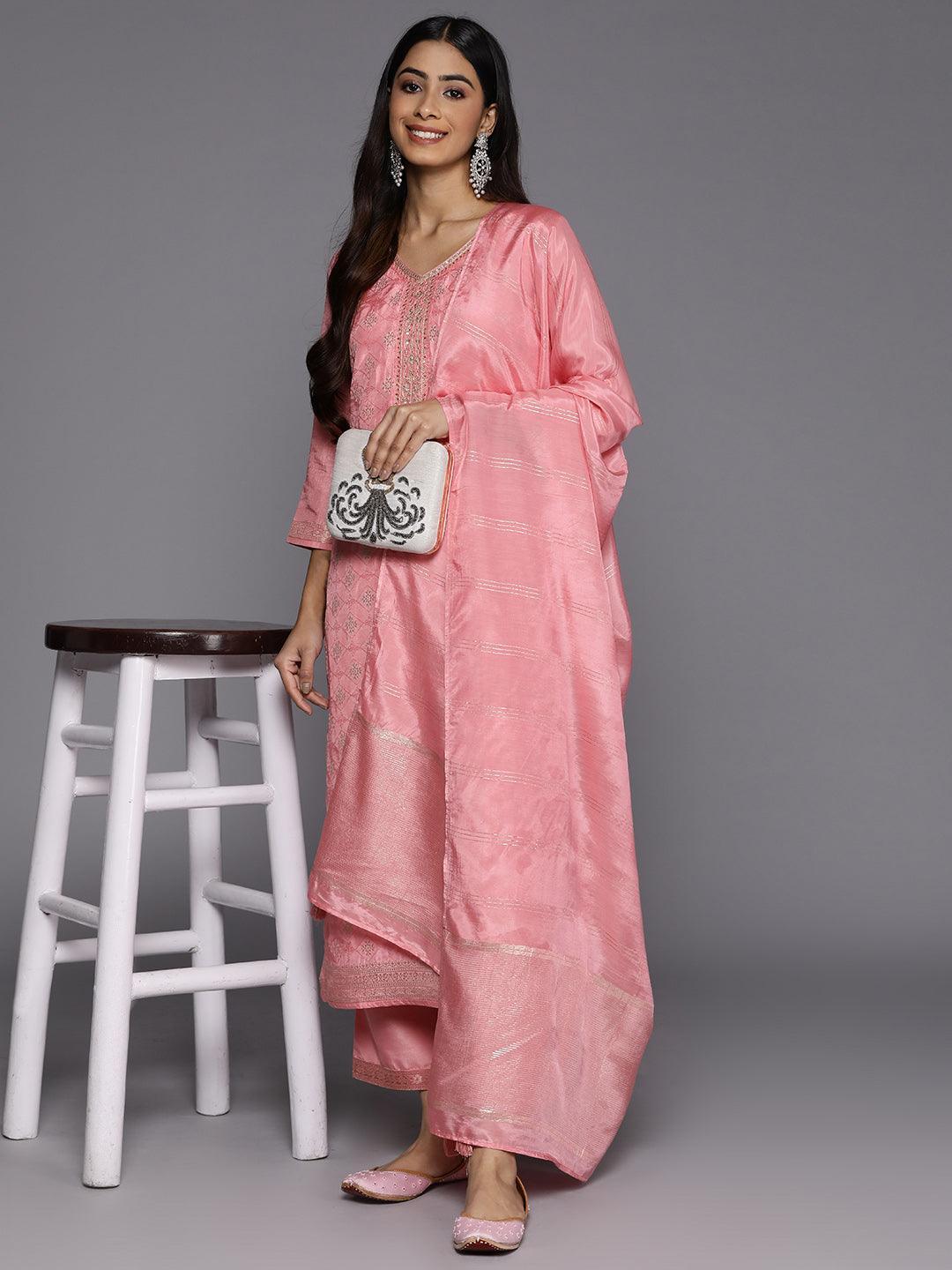 Peach Embroidered Silk Blend Suit Set With Trousers - ShopLibas