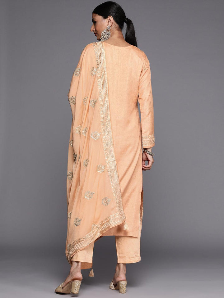 Peach Embroidered Silk Blend Straight Suit Set