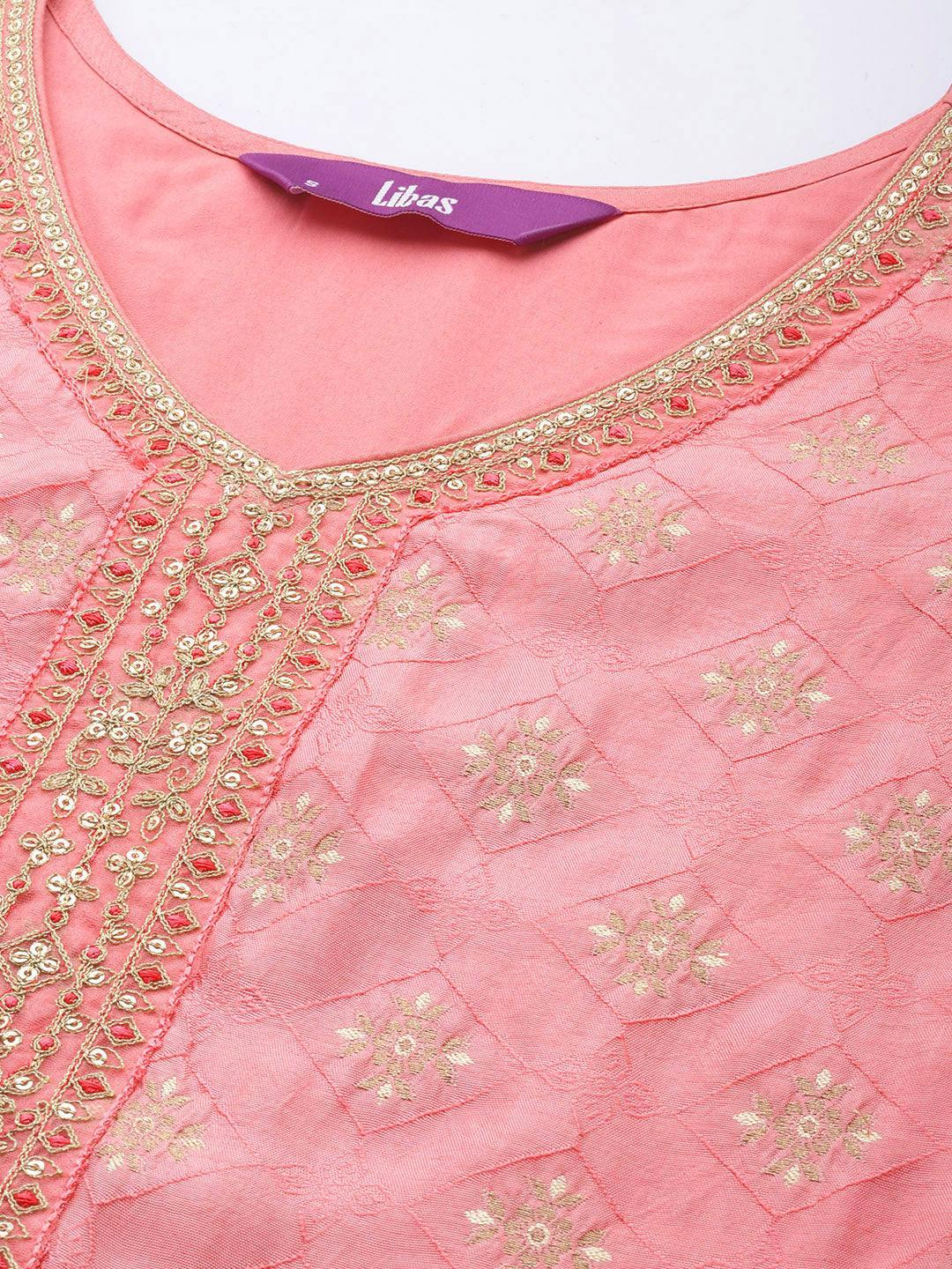 Peach Embroidered Silk Blend Suit Set With Trousers - ShopLibas