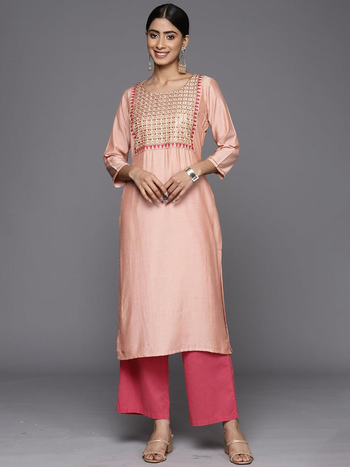 Peach Embroidered Silk Straight Kurta