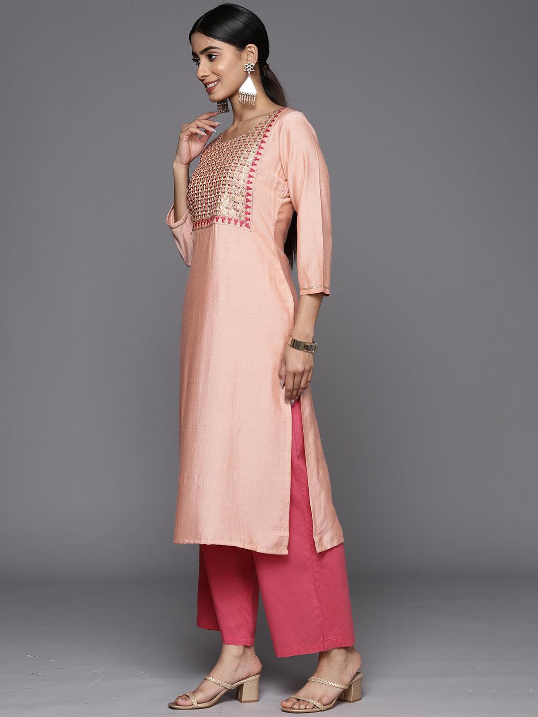 Peach Embroidered Silk Straight Kurta - ShopLibas