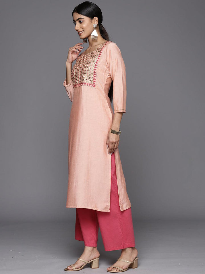 Peach Embroidered Silk Straight Kurta