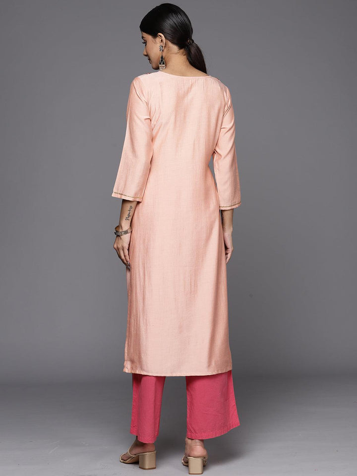 Peach Embroidered Silk Straight Kurta