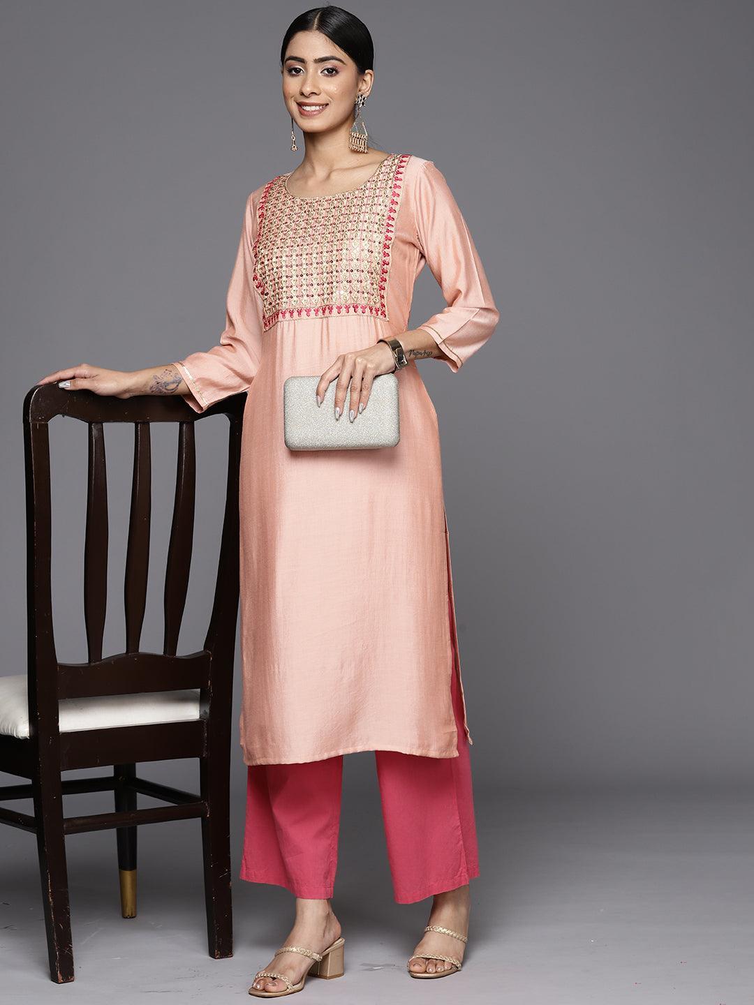 Peach Embroidered Silk Straight Kurta - ShopLibas