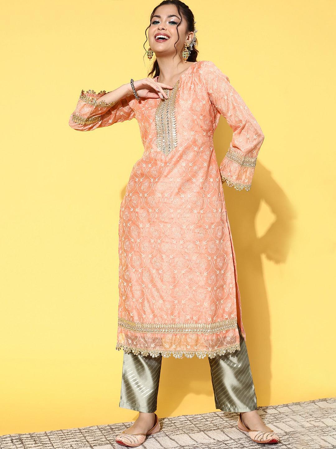 Peach Printed Chanderi Silk Straight Kurta - ShopLibas