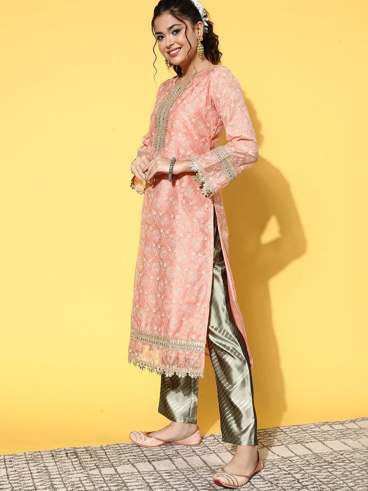Peach Printed Chanderi Silk Straight Kurta