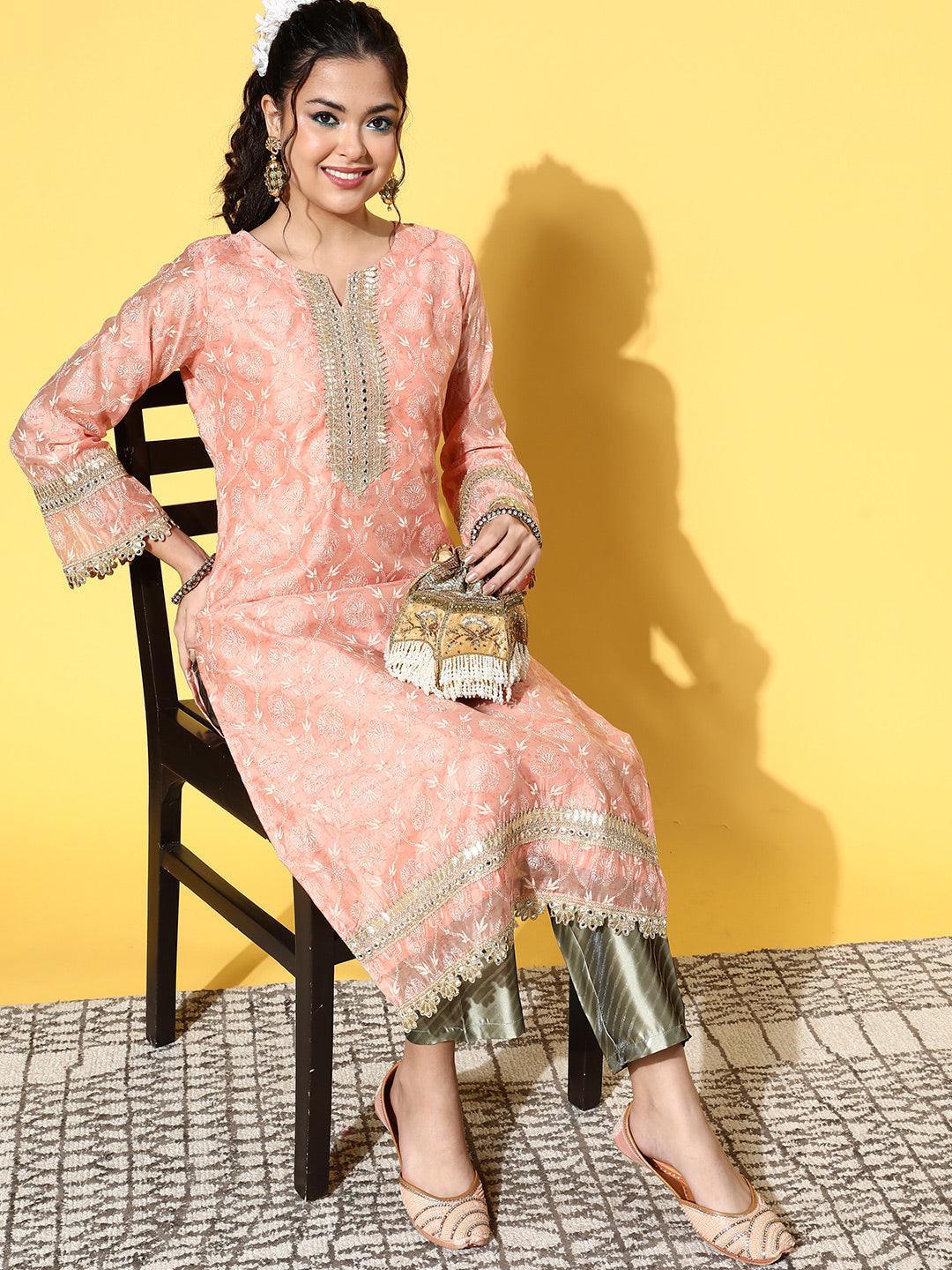Peach Printed Chanderi Silk Straight Kurta - ShopLibas