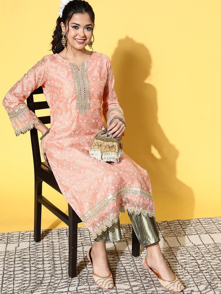 Peach Printed Chanderi Silk Straight Kurta