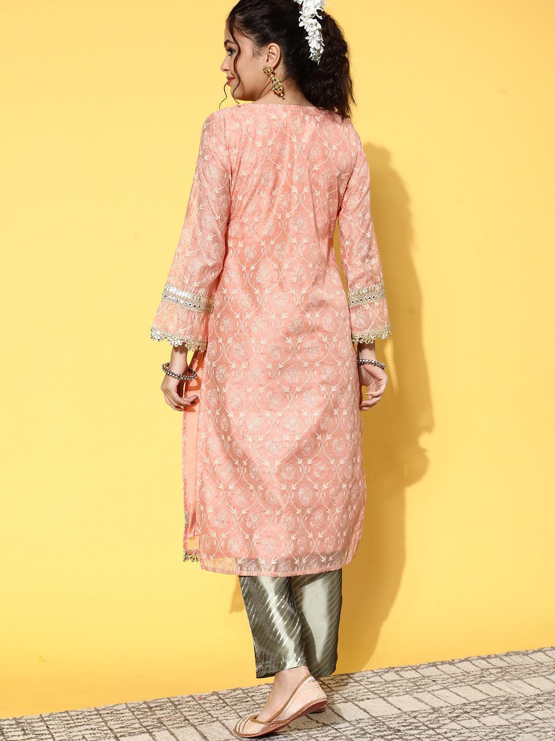 Peach Printed Chanderi Silk Straight Kurta - ShopLibas