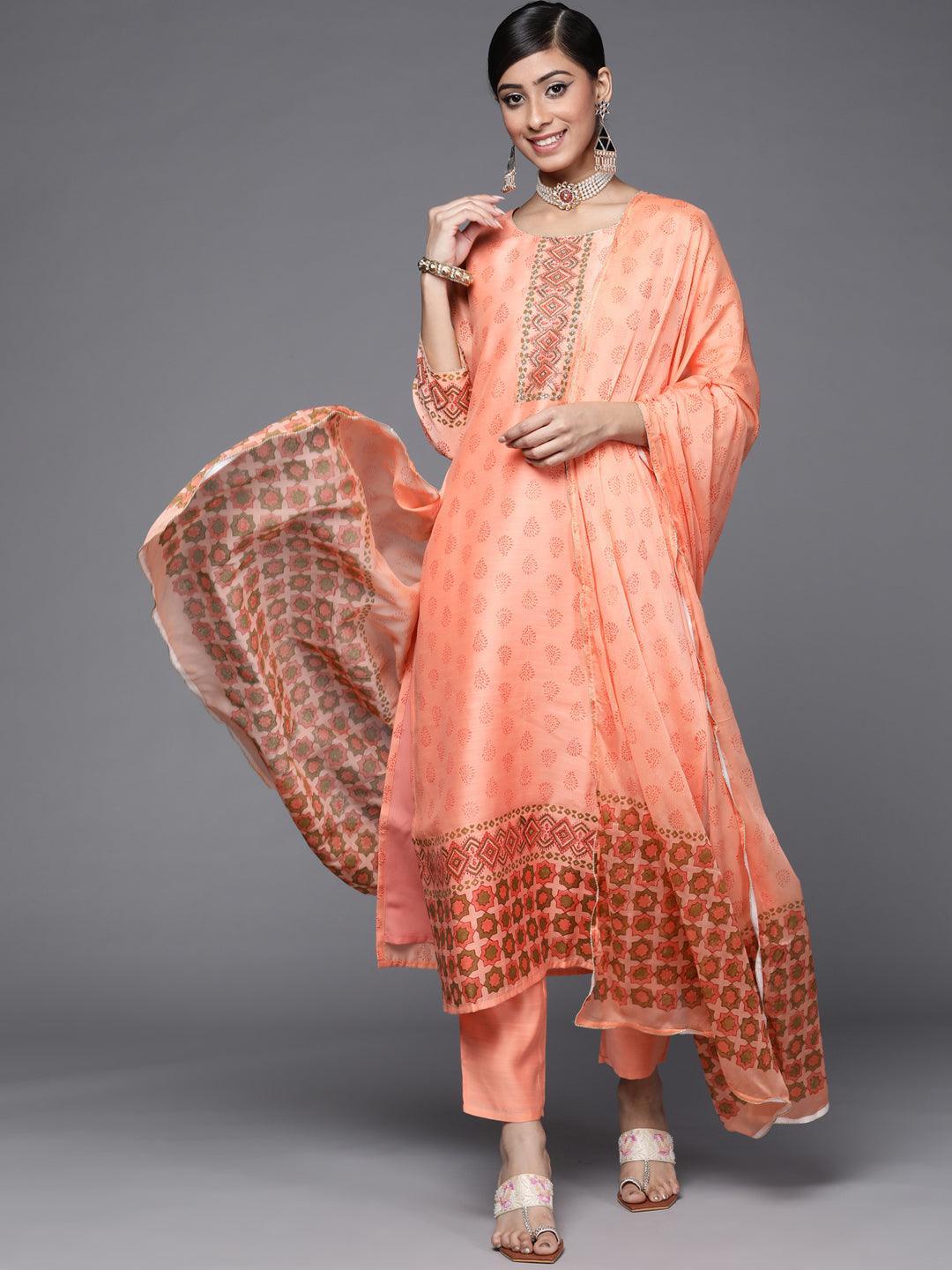 Peach Printed Chanderi Silk Suit Set - ShopLibas