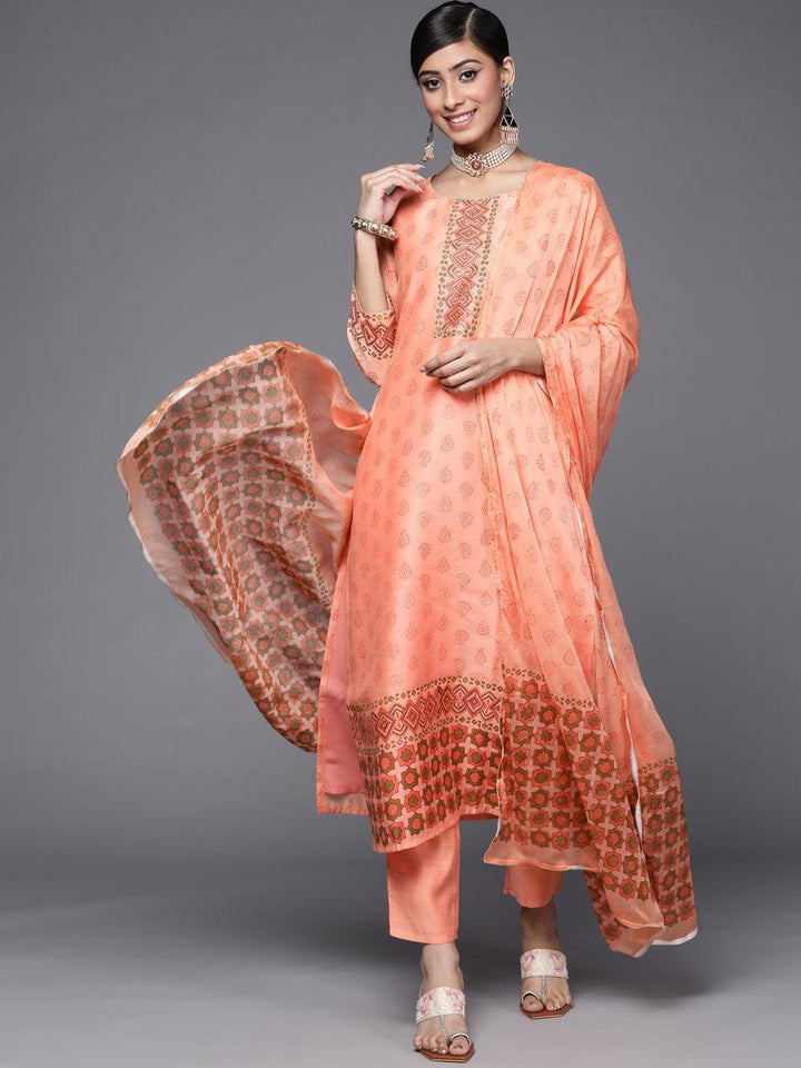 Peach Printed Chanderi Silk Suit Set
