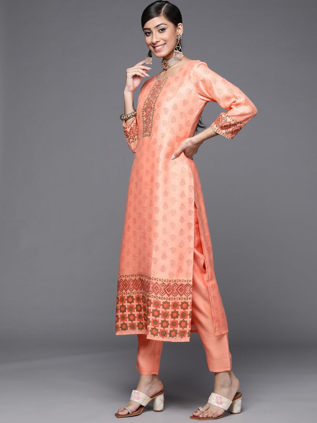 Peach Printed Chanderi Silk Suit Set - ShopLibas