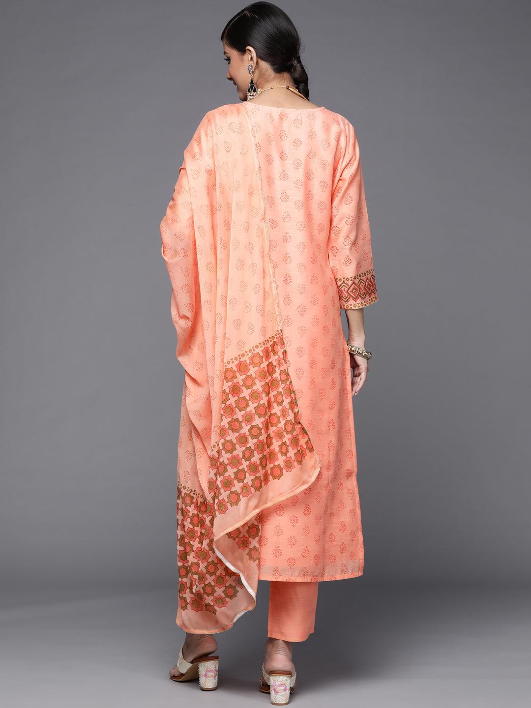 Peach Printed Chanderi Silk Suit Set - ShopLibas