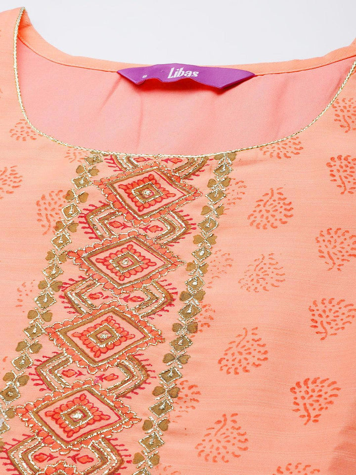 Peach Printed Chanderi Silk Suit Set