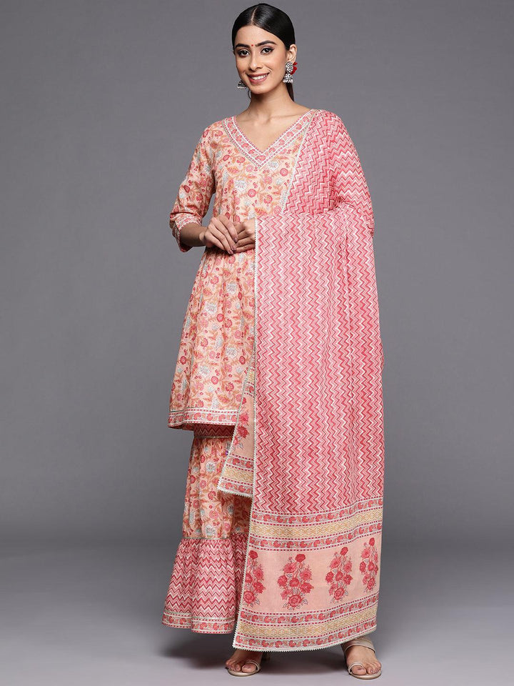Peach Printed Cotton Anarkali Sharara Suit Set