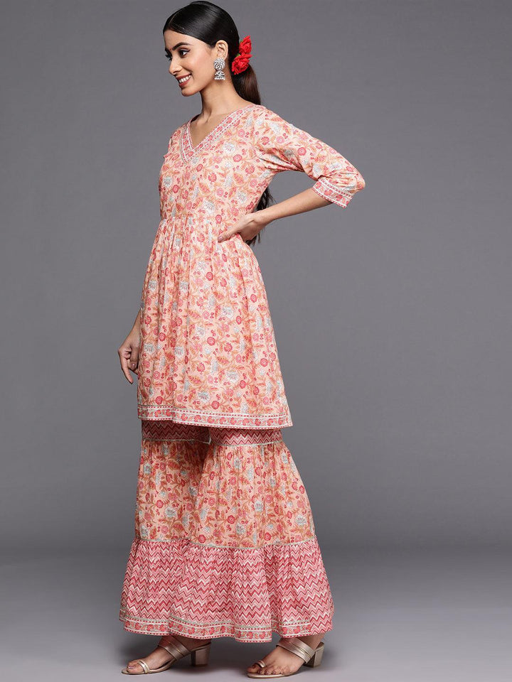 Peach Printed Cotton Anarkali Sharara Suit Set