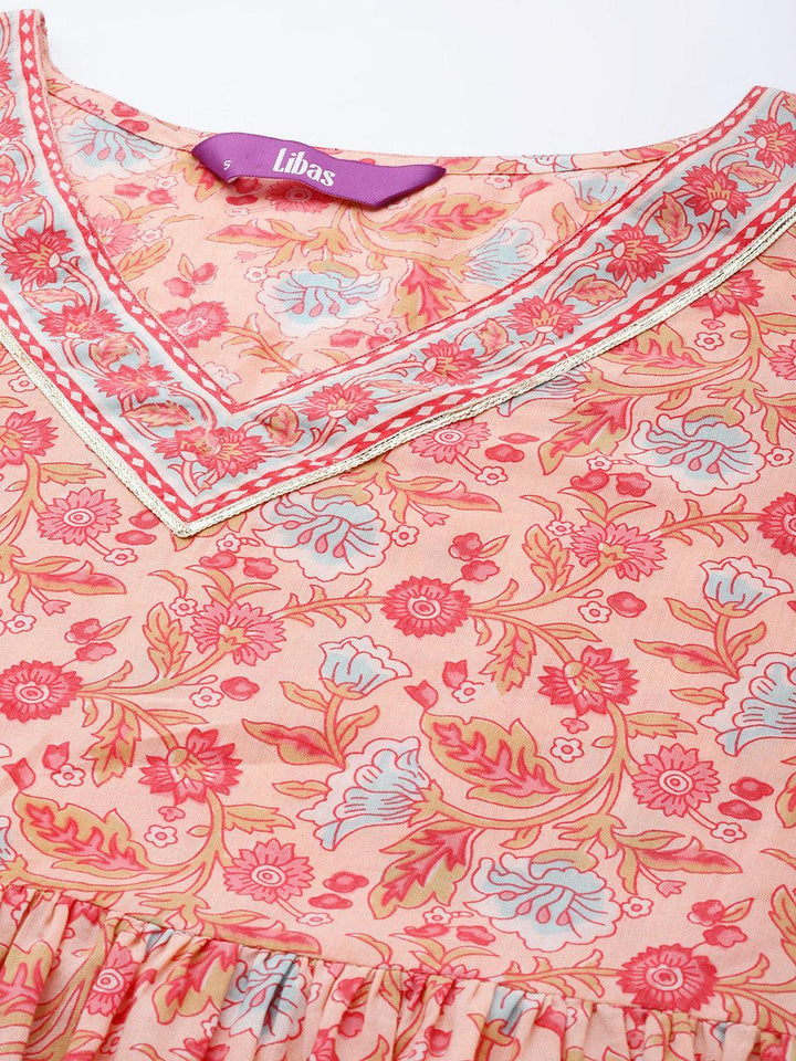 Peach Printed Cotton Anarkali Sharara Suit Set