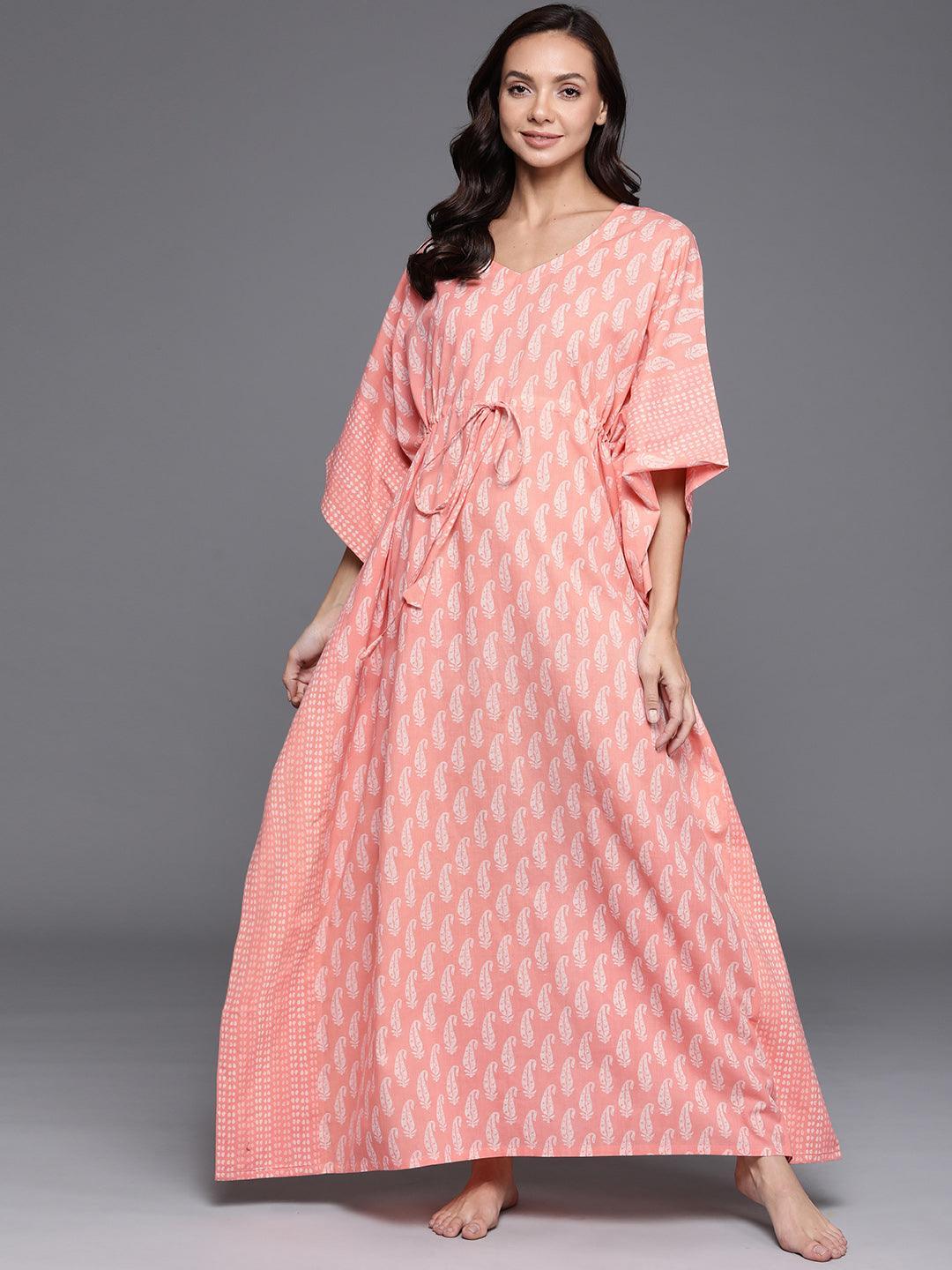 Peach Printed Cotton Nightdress - ShopLibas