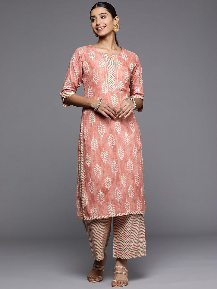 Peach Printed Cotton Straight Kurta