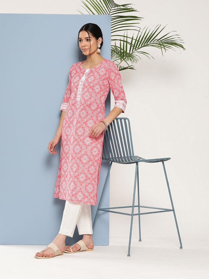 Peach Printed Cotton Straight Kurta