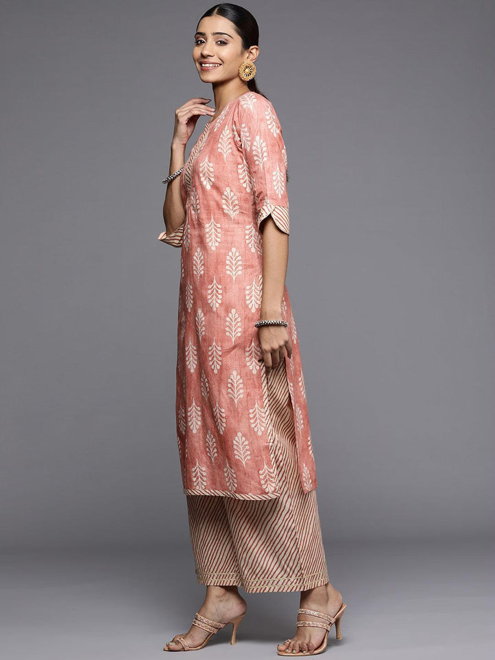 Peach Printed Cotton Straight Kurta