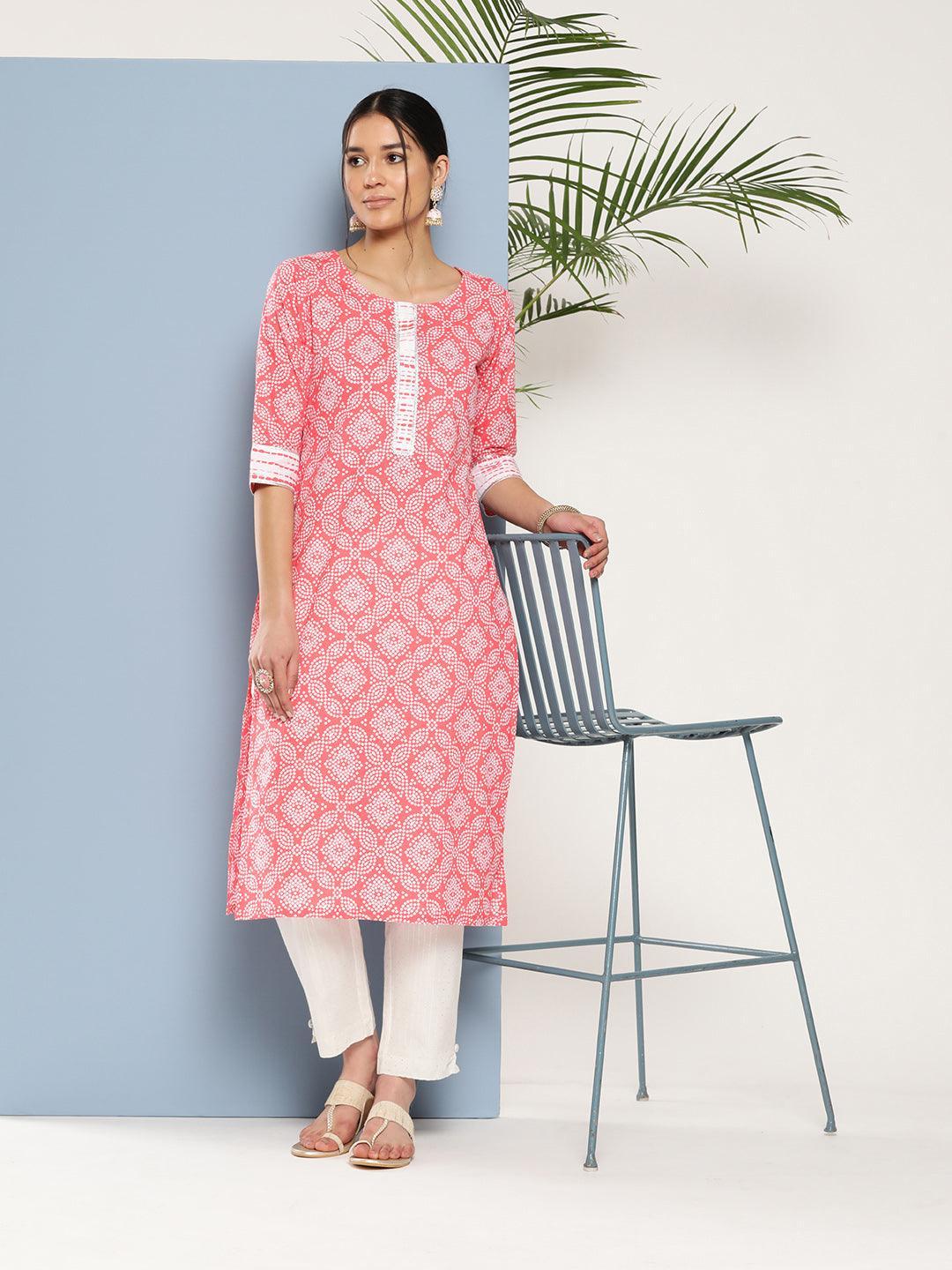 Peach Printed Cotton Straight Kurta - ShopLibas