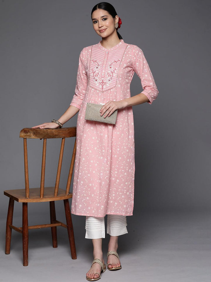 Peach Printed Cotton Straight Kurta