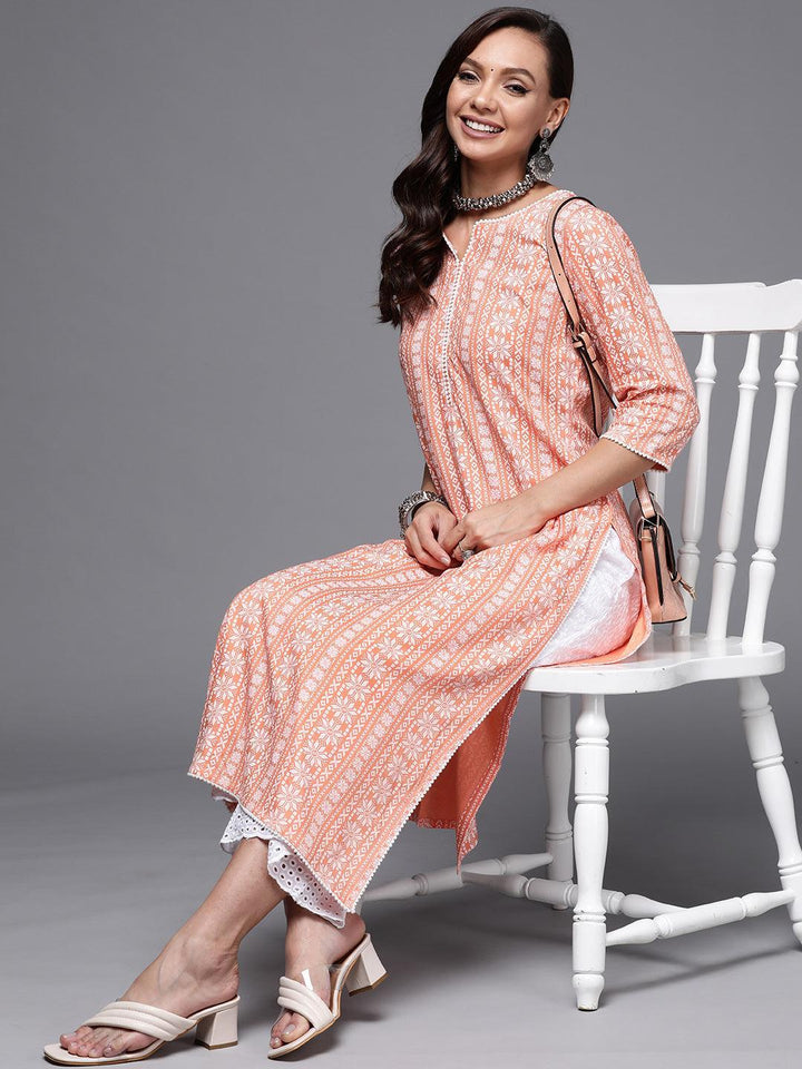 Peach Printed Cotton Straight Kurta