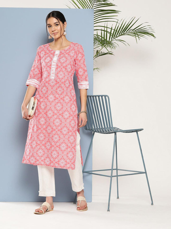 Peach Printed Cotton Straight Kurta