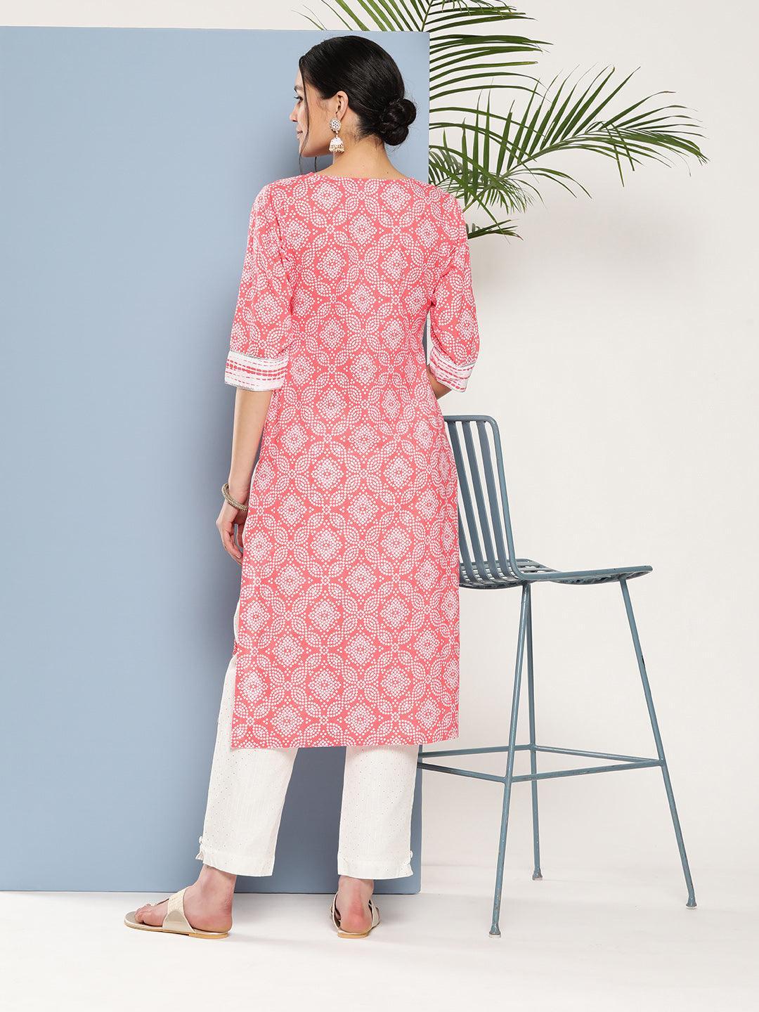 Peach Printed Cotton Straight Kurta - ShopLibas