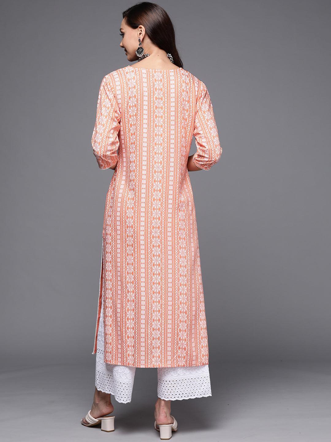 Peach Printed Cotton Straight Kurta - ShopLibas