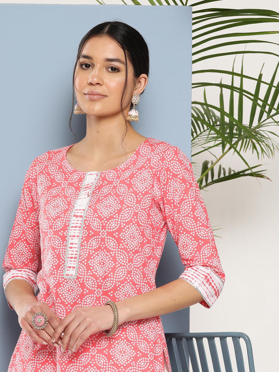 Peach Printed Cotton Straight Kurta - ShopLibas