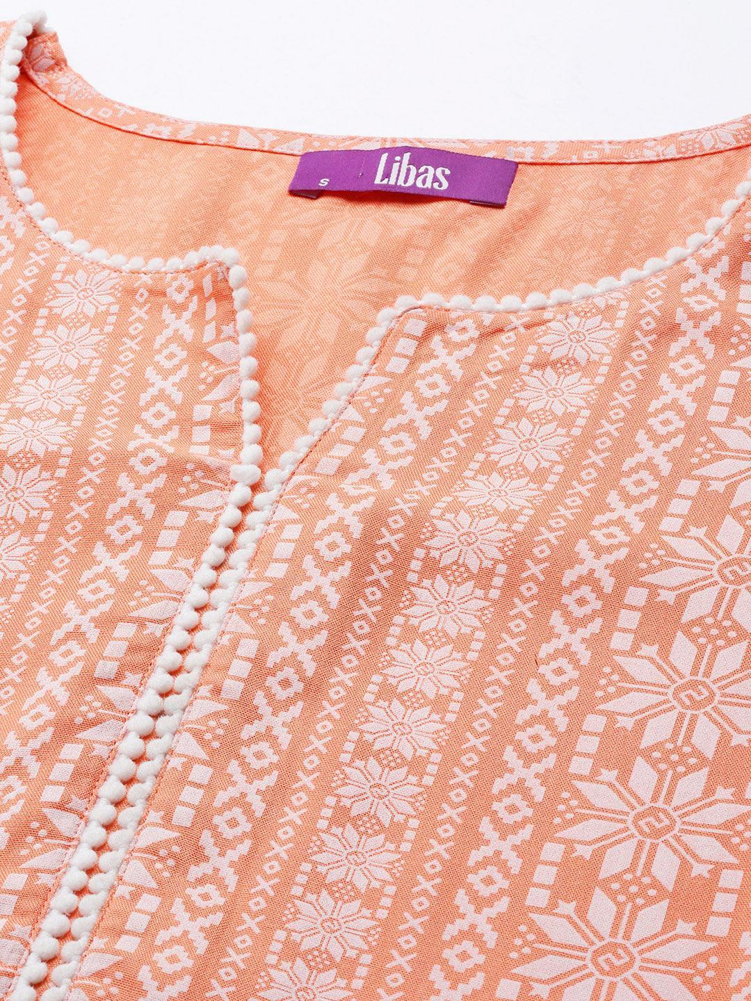 Peach Printed Cotton Straight Kurta - ShopLibas