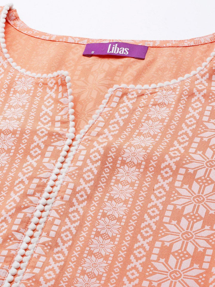 Peach Printed Cotton Straight Kurta