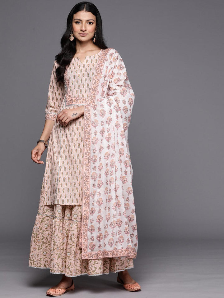 Peach Printed Cotton Straight Suit Set With Skirt