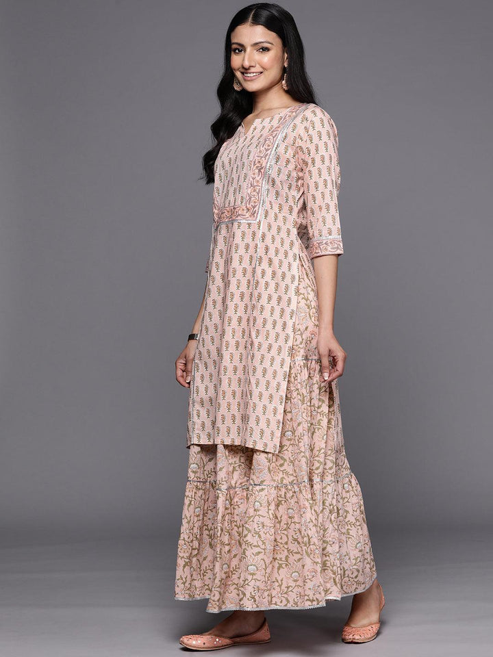Peach Printed Cotton Straight Suit Set With Skirt