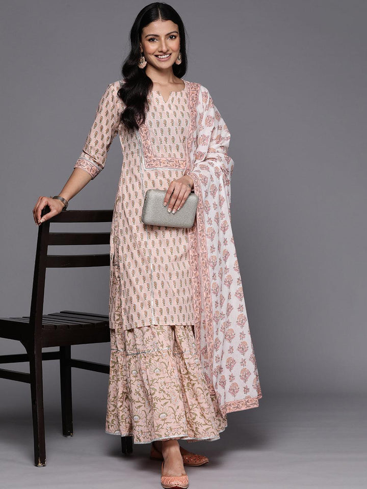 Peach Printed Cotton Straight Suit Set With Skirt