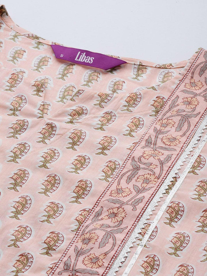 Peach Printed Cotton Straight Suit Set With Skirt