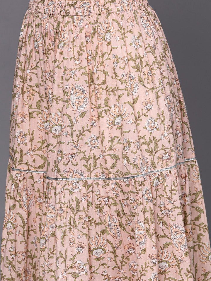 Peach Printed Cotton Straight Suit Set With Skirt