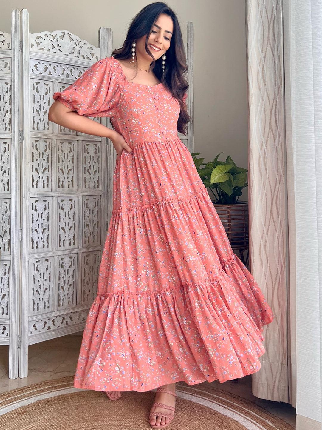 Buy Peach Printed Georgette Dress Online in USA at $37.00
