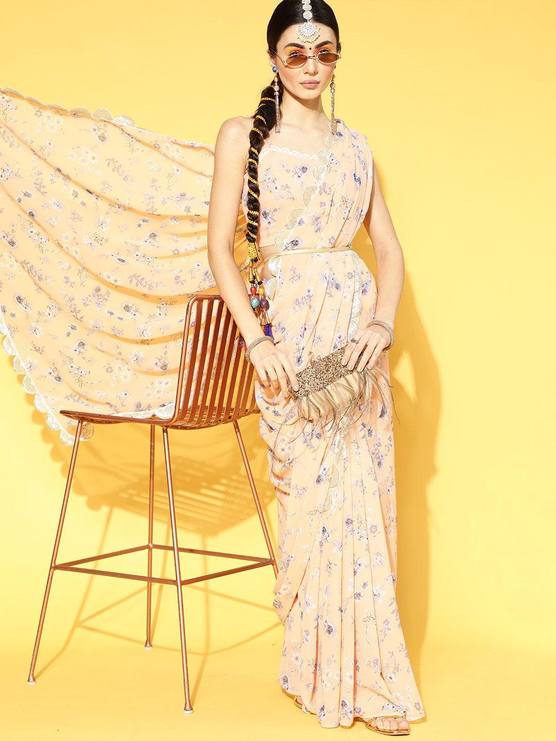 Peach Printed Georgette Saree - ShopLibas