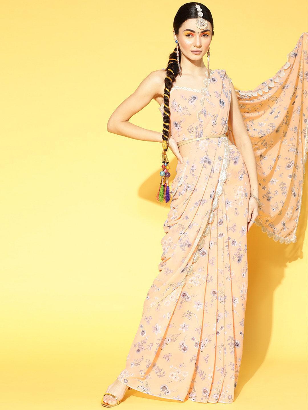 Peach Printed Georgette Saree - ShopLibas
