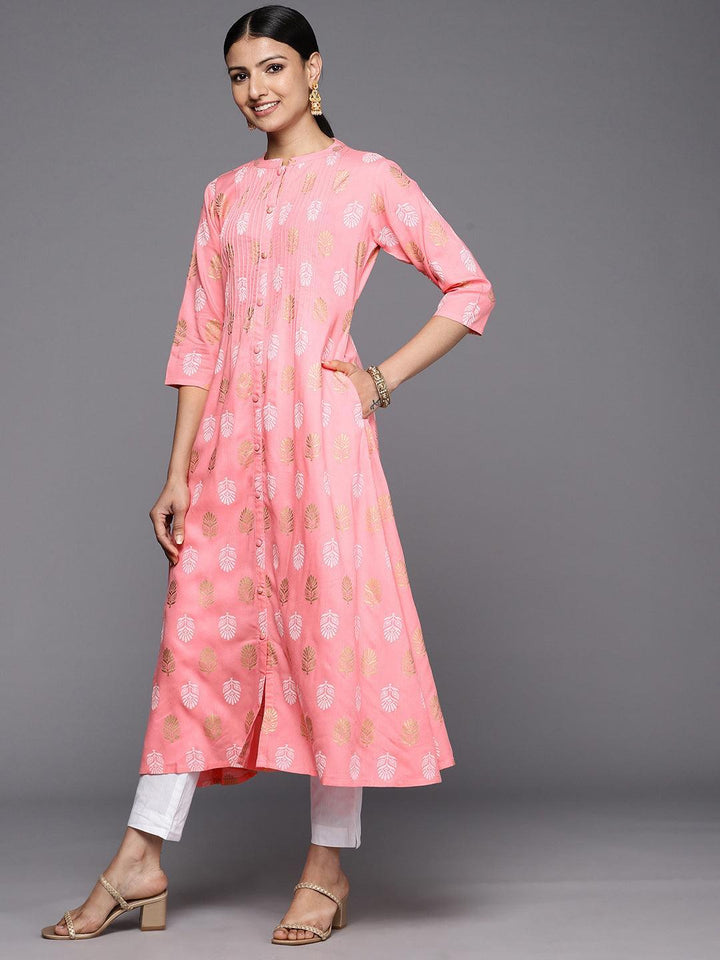 Peach Printed Rayon A-Line Kurta