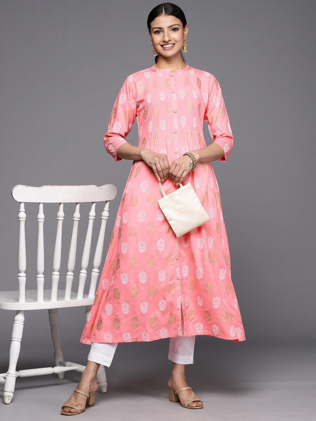 Peach Printed Rayon A-Line Kurta - ShopLibas