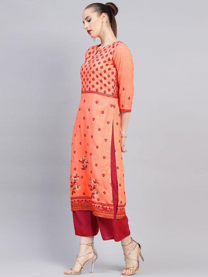 Peach Printed Rayon Kurta