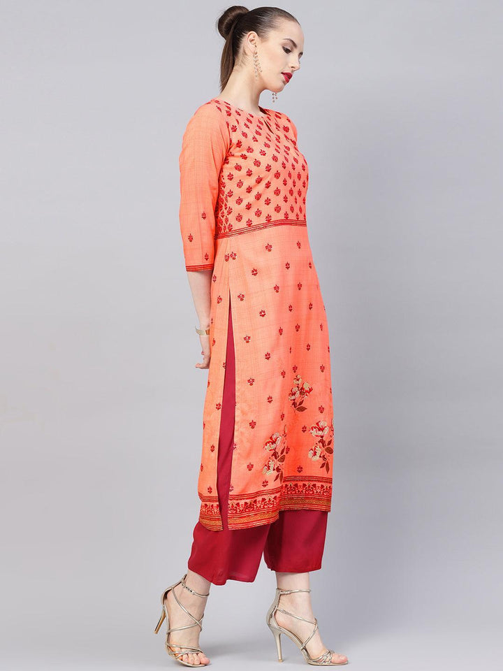Peach Printed Rayon Kurta