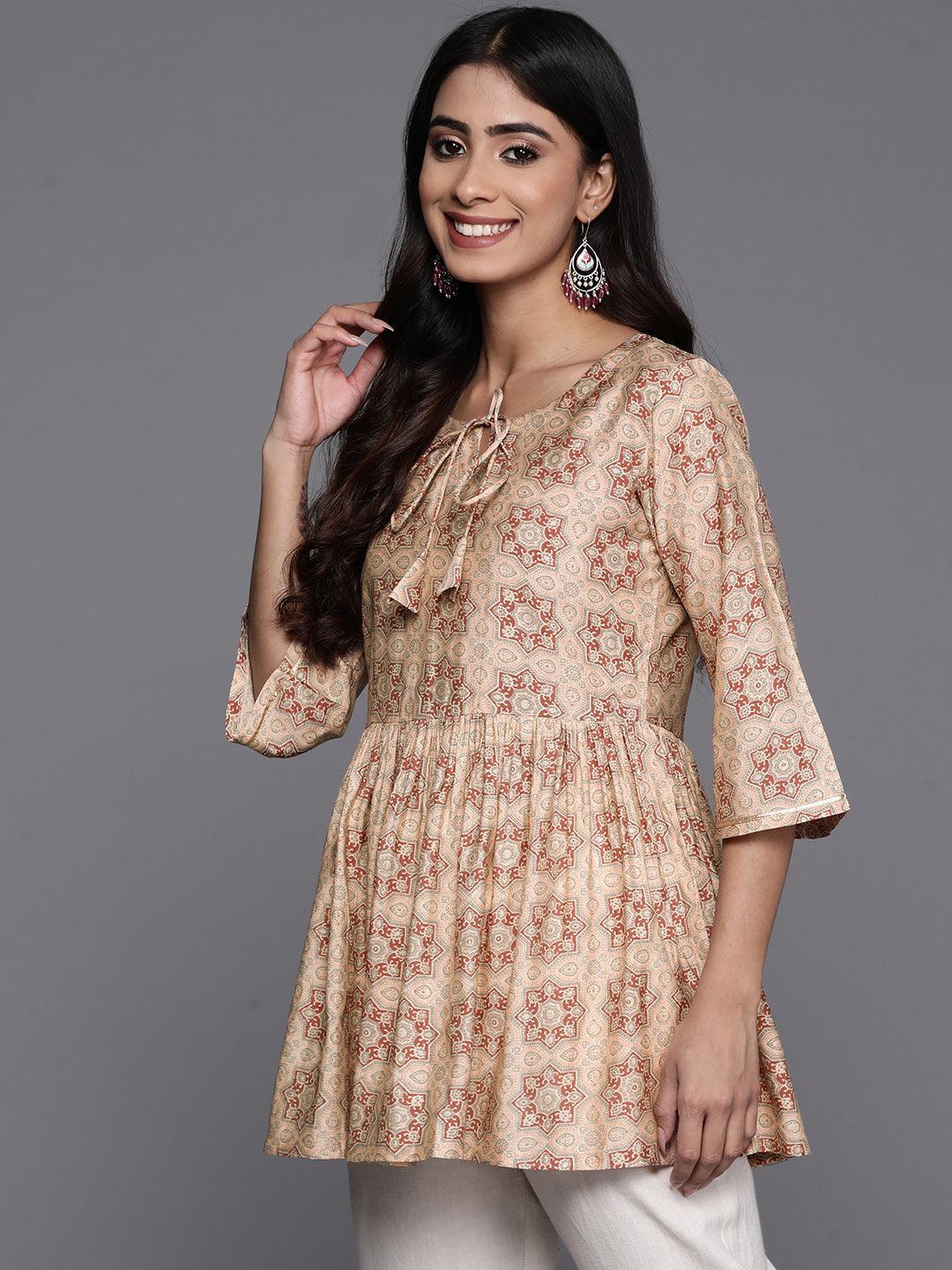 Peach Printed Silk Blend A-Line Kurti - Libas