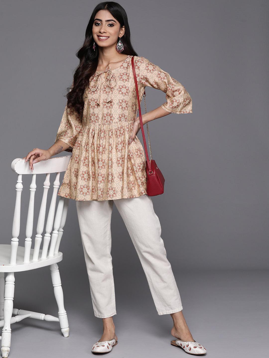 Peach Printed Silk Blend A-Line Kurti - Libas